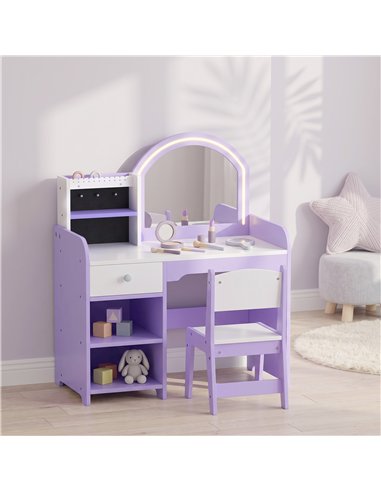 AIYAPLAY Kids Vanity Set, Kids Dressing Table with Stool, 2-Colour Lights Mirror, Pretend Dresser Gift for Ages 3-8, Purple