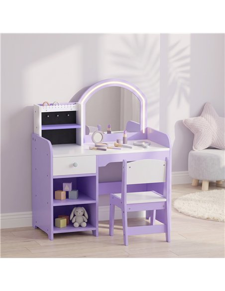 AIYAPLAY Kids Vanity Set, Kids Dressing Table with Stool, 2-Colour Lights Mirror, Pretend Dresser Gift for Ages 3-8, Purple - pic 212144 | FastDaddyshop