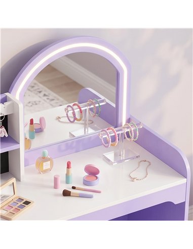 AIYAPLAY Kids Vanity Set, Kids Dressing Table with Stool, 2-Colour Lights Mirror, Pretend Dresser Gift for Ages 3-8, Purple