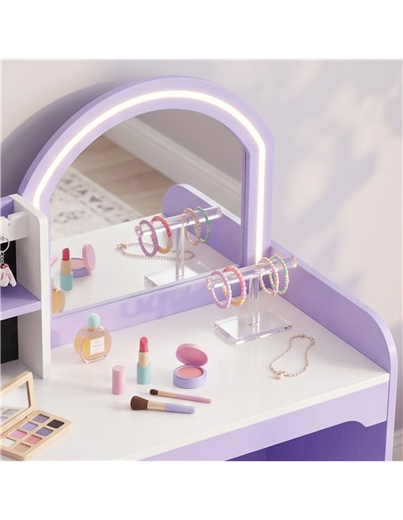 AIYAPLAY Kids Vanity Set, Kids Dressing Table with Stool, 2-Colour Lights Mirror, Pretend Dresser Gift for Ages 3-8, Purple - pic 212145 | FastDaddyshop