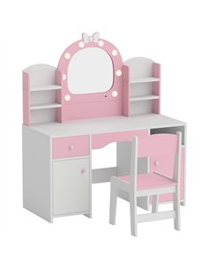 AIYAPLAY Kids Vanity Set, Kids Dressing Table with Stool, 2-Colour Lights Mirror, Cabinet, Drawer and Shelves, Pink