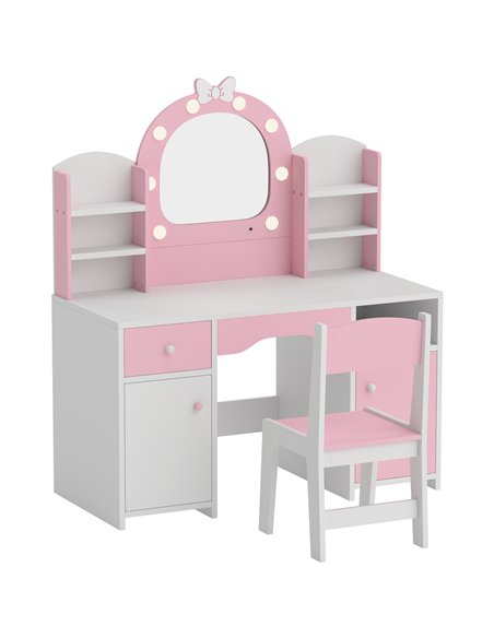 AIYAPLAY Kids Vanity Set, Kids Dressing Table with Stool, 2-Colour Lights Mirror, Cabinet, Drawer and Shelves, Pink - pic 212146 | FastDaddyshop