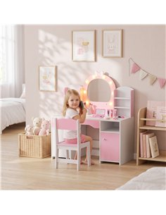 AIYAPLAY Kids Vanity Set, Kids Dressing Table with Stool, 2-Colour Lights Mirror, Cabinet, Drawer and Shelves, Pink 2