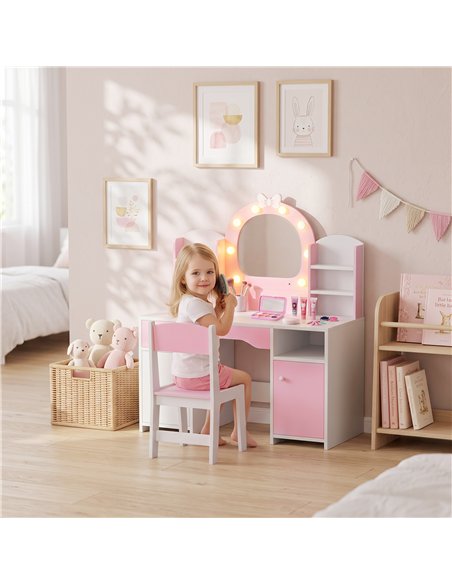 AIYAPLAY Kids Vanity Set, Kids Dressing Table with Stool, 2-Colour Lights Mirror, Cabinet, Drawer and Shelves, Pink - pic 212147 | FastDaddyshop