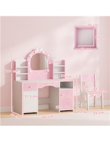 AIYAPLAY Kids Vanity Set, Kids Dressing Table with Stool, 2-Colour Lights Mirror, Cabinet, Drawer and Shelves, Pink