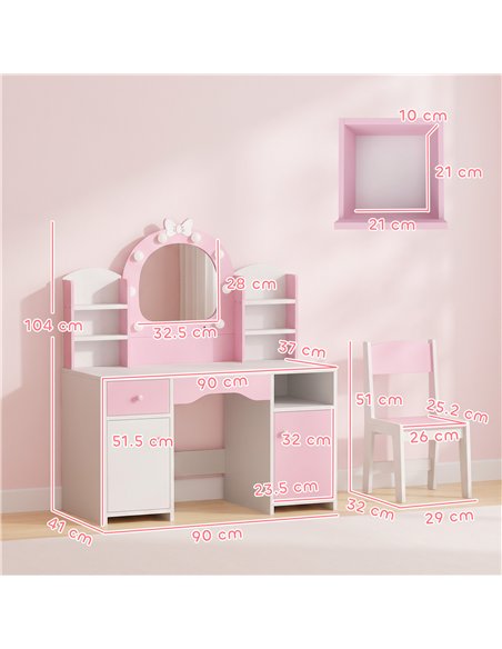 AIYAPLAY Kids Vanity Set, Kids Dressing Table with Stool, 2-Colour Lights Mirror, Cabinet, Drawer and Shelves, Pink - pic 212148 | FastDaddyshop