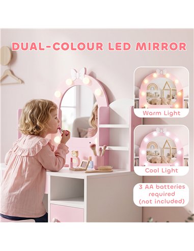 AIYAPLAY Kids Vanity Set, Kids Dressing Table with Stool, 2-Colour Lights Mirror, Cabinet, Drawer and Shelves, Pink