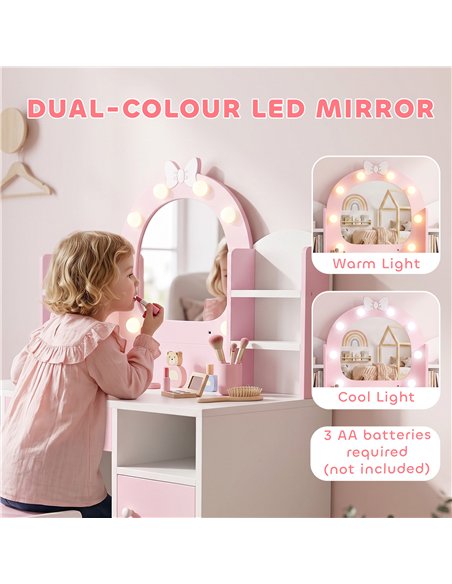 AIYAPLAY Kids Vanity Set, Kids Dressing Table with Stool, 2-Colour Lights Mirror, Cabinet, Drawer and Shelves, Pink - pic 212149 | FastDaddyshop