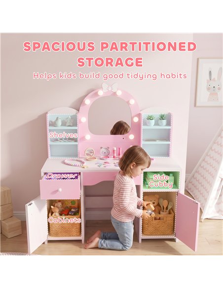 AIYAPLAY Kids Vanity Set, Kids Dressing Table with Stool, 2-Colour Lights Mirror, Cabinet, Drawer and Shelves, Pink - pic 212150 | FastDaddyshop