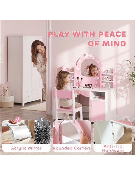 AIYAPLAY Kids Vanity Set, Kids Dressing Table with Stool, 2-Colour Lights Mirror, Cabinet, Drawer and Shelves, Pink - pic 212151 | FastDaddyshop