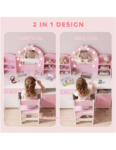 AIYAPLAY Kids Vanity Set, Kids Dressing Table with Stool, 2-Colour Lights Mirror, Cabinet, Drawer and Shelves, Pink