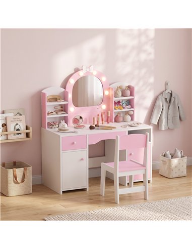 AIYAPLAY Kids Vanity Set, Kids Dressing Table with Stool, 2-Colour Lights Mirror, Cabinet, Drawer and Shelves, Pink