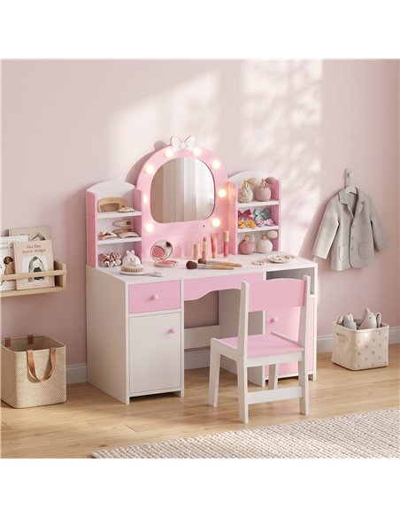 AIYAPLAY Kids Vanity Set, Kids Dressing Table with Stool, 2-Colour Lights Mirror, Cabinet, Drawer and Shelves, Pink - pic 212153 | FastDaddyshop