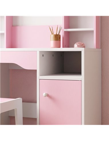 AIYAPLAY Kids Vanity Set, Kids Dressing Table with Stool, 2-Colour Lights Mirror, Cabinet, Drawer and Shelves, Pink