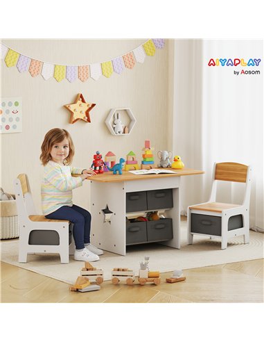 AIYAPLAY Kids Table and Chair Set, Toddler Table and 2 Chairs Set with 6 Removable Drawers, for Boys Girls Ages 3-8, Natural