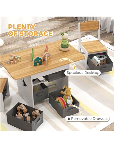 AIYAPLAY Kids Table and Chair Set, Toddler Table and 2 Chairs Set with 6 Removable Drawers, for Boys Girls Ages 3-8, Natural