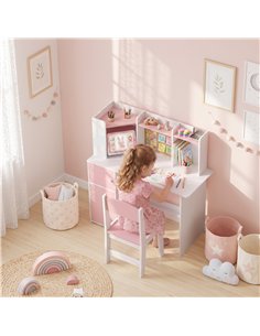 AIYAPLAY Kids Desk and Chair Set Storage Shelves Kids Desk Adjustable Tablet Stand Cork Board Pen Holder Pink 2