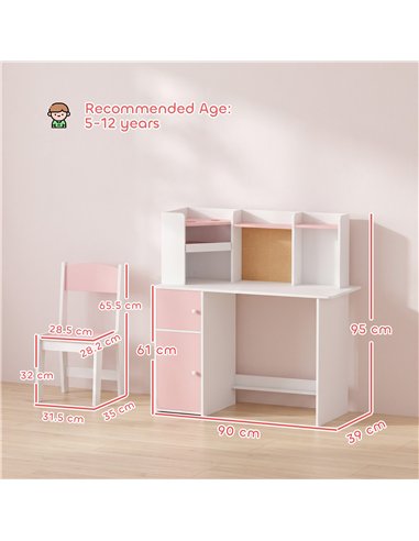 AIYAPLAY Kids Desk and Chair Set Storage Shelves Kids Desk Adjustable Tablet Stand Cork Board Pen Holder Pink