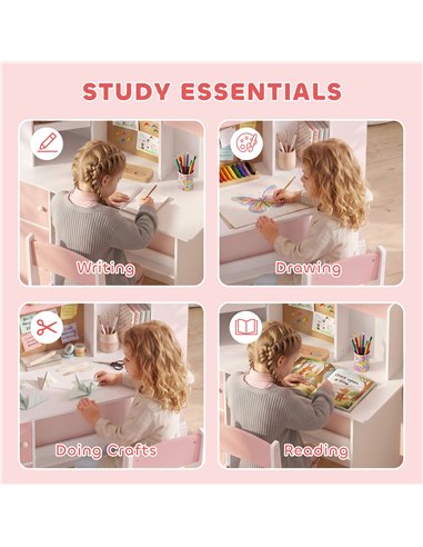 AIYAPLAY Kids Desk and Chair Set Storage Shelves Kids Desk Adjustable Tablet Stand Cork Board Pen Holder Pink