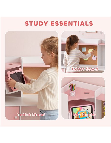 AIYAPLAY Kids Desk and Chair Set Storage Shelves Kids Desk Adjustable Tablet Stand Cork Board Pen Holder Pink - pic 212168 | FastDaddyshop