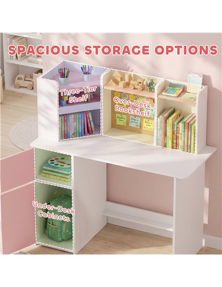 AIYAPLAY Kids Desk and Chair Set Storage Shelves Kids Desk Adjustable Tablet Stand Cork Board Pen Holder Pink - pic 212169 | FastDaddyshop