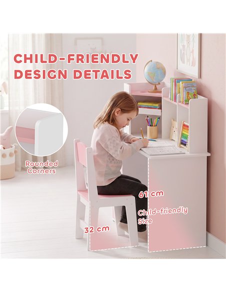 AIYAPLAY Kids Desk and Chair Set Storage Shelves Kids Desk Adjustable Tablet Stand Cork Board Pen Holder Pink - pic 212170 | FastDaddyshop