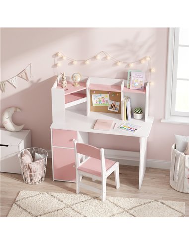 AIYAPLAY Kids Desk and Chair Set Storage Shelves Kids Desk Adjustable Tablet Stand Cork Board Pen Holder Pink