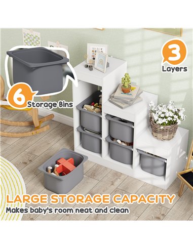 AIYAPLAY Toy Storage Organiser, Three-Layer Kids Toy Storage Units, with Removable Bins, for Ages 3-8 Years, Grey