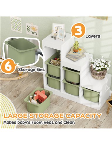 AIYAPLAY Toy Storage Organiser, Three-Layer Kids Toy Storage Units, with Removable Bins, for Ages 3-8 Years, Green