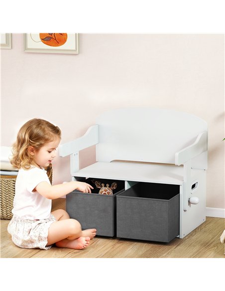 AIYAPLAY 3 in 1 Kids Storage Bench, Convertible Children Table and Chair Set with 2 Fabric Bins, Toy Storage Box, White - pic 212219 | FastDaddyshop