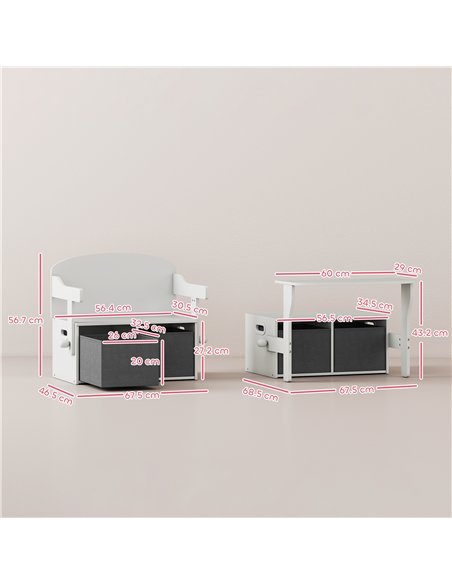 AIYAPLAY 3 in 1 Kids Storage Bench, Convertible Children Table and Chair Set with 2 Fabric Bins, Toy Storage Box, White - pic 212220 | FastDaddyshop