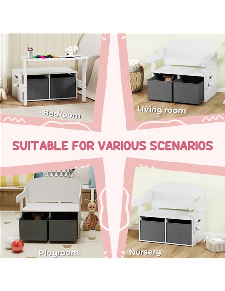 AIYAPLAY 3 in 1 Kids Storage Bench, Convertible Children Table and Chair Set with 2 Fabric Bins, Toy Storage Box, White - pic 212223 | FastDaddyshop
