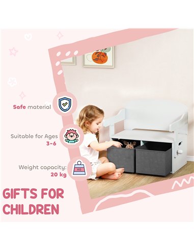 AIYAPLAY 3 in 1 Kids Storage Bench, Convertible Children Table and Chair Set with 2 Fabric Bins, Toy Storage Box, White