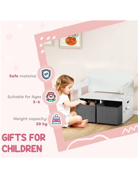 AIYAPLAY 3 in 1 Kids Storage Bench, Convertible Children Table and Chair Set with 2 Fabric Bins, Toy Storage Box, White - pic 212224 | FastDaddyshop