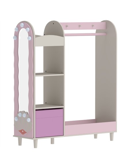 AIYAPLAY Kids Clothing Rack, Kids Wardrobe with Glowing Lights Mirror, Non-Woven Drawer and Shelves for Bedroom, Ages 3-8, Pink - pic 212227 | FastDaddyshop