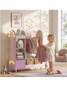 AIYAPLAY Kids Clothing Rack, Kids Wardrobe with Glowing Lights Mirror, Non-Woven Drawer and Shelves for Bedroom, Ages 3-8, Pink 2