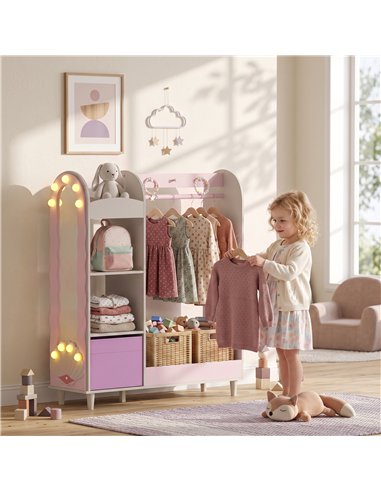 AIYAPLAY Kids Clothing Rack, Kids Wardrobe with Glowing Lights Mirror, Non-Woven Drawer and Shelves for Bedroom, Ages 3-8, Pink