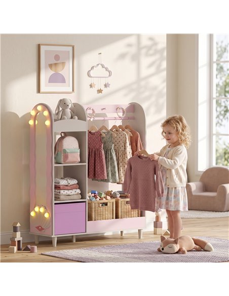 AIYAPLAY Kids Clothing Rack, Kids Wardrobe with Glowing Lights Mirror, Non-Woven Drawer and Shelves for Bedroom, Ages 3-8, Pink - pic 212228 | FastDaddyshop