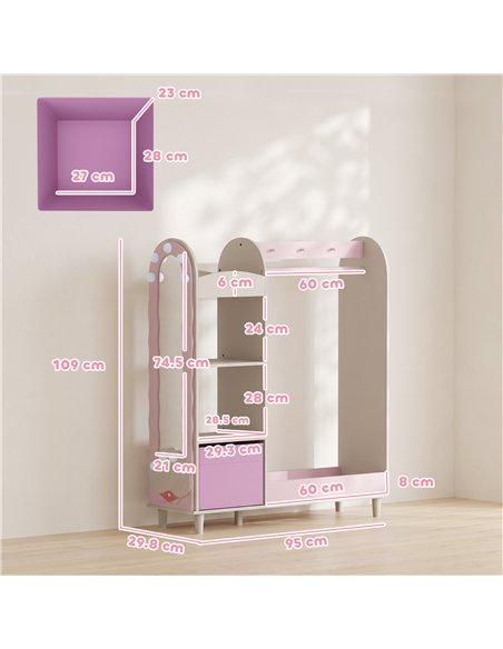 AIYAPLAY Kids Clothing Rack, Kids Wardrobe with Glowing Lights Mirror, Non-Woven Drawer and Shelves for Bedroom, Ages 3-8, Pink - pic 212229 | FastDaddyshop