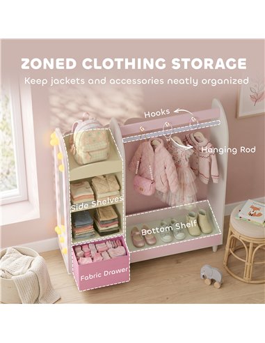 AIYAPLAY Kids Clothing Rack, Kids Wardrobe with Glowing Lights Mirror, Non-Woven Drawer and Shelves for Bedroom, Ages 3-8, Pink
