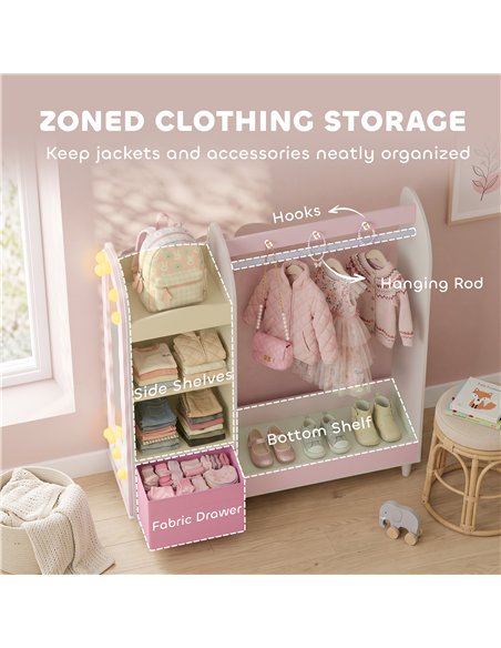 AIYAPLAY Kids Clothing Rack, Kids Wardrobe with Glowing Lights Mirror, Non-Woven Drawer and Shelves for Bedroom, Ages 3-8, Pink - pic 212230 | FastDaddyshop