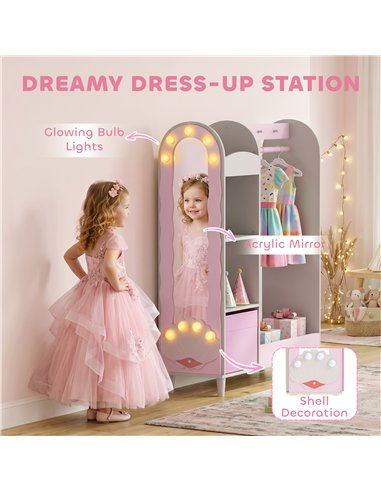 AIYAPLAY Kids Clothing Rack, Kids Wardrobe with Glowing Lights Mirror, Non-Woven Drawer and Shelves for Bedroom, Ages 3-8, Pink