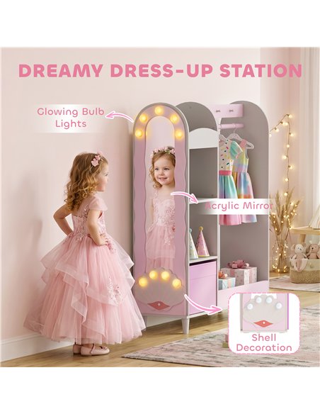 AIYAPLAY Kids Clothing Rack, Kids Wardrobe with Glowing Lights Mirror, Non-Woven Drawer and Shelves for Bedroom, Ages 3-8, Pink - pic 212231 | FastDaddyshop