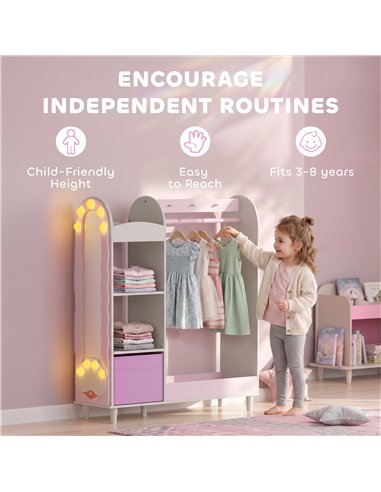 AIYAPLAY Kids Clothing Rack, Kids Wardrobe with Glowing Lights Mirror, Non-Woven Drawer and Shelves for Bedroom, Ages 3-8, Pink