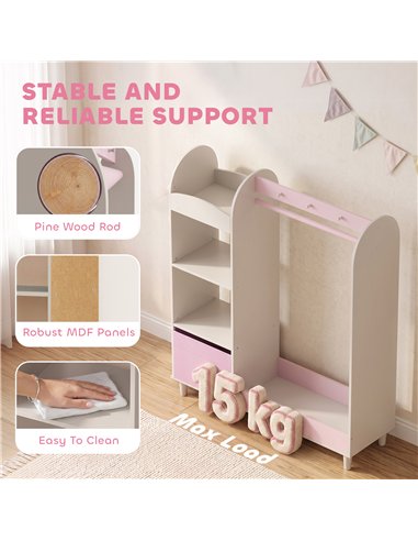 AIYAPLAY Kids Clothing Rack, Kids Wardrobe with Glowing Lights Mirror, Non-Woven Drawer and Shelves for Bedroom, Ages 3-8, Pink