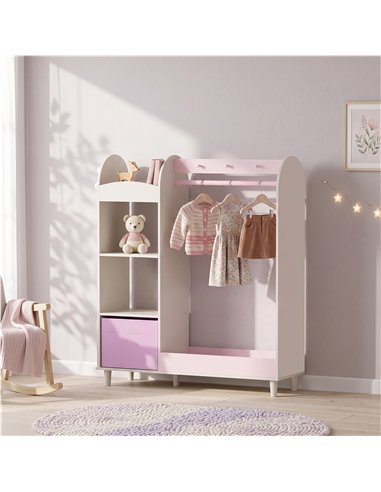 AIYAPLAY Kids Clothing Rack, Kids Wardrobe with Glowing Lights Mirror, Non-Woven Drawer and Shelves for Bedroom, Ages 3-8, Pink