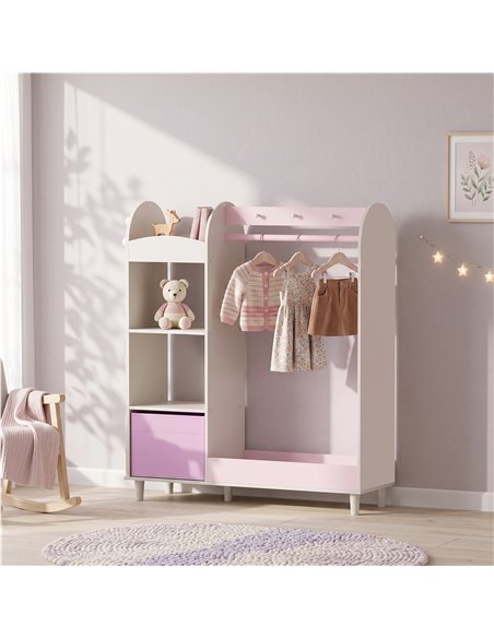 AIYAPLAY Kids Clothing Rack, Kids Wardrobe with Glowing Lights Mirror, Non-Woven Drawer and Shelves for Bedroom, Ages 3-8, Pink - pic 212234 | FastDaddyshop