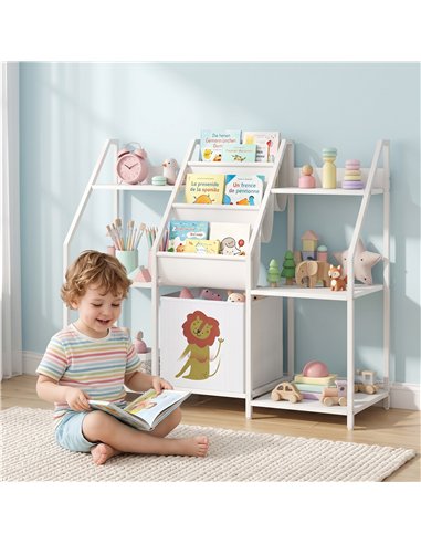 AIYAPLAY Kids Bookshelf and Toy Storage with 3-Tier Sling Book Rack and Fabric Drawer for Nursery, Bedroom, Playroom, White