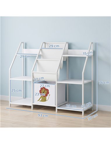 AIYAPLAY Kids Bookshelf and Toy Storage with 3-Tier Sling Book Rack and Fabric Drawer for Nursery, Bedroom, Playroom, White