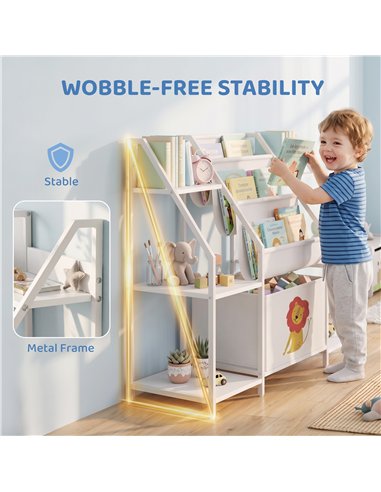 AIYAPLAY Kids Bookshelf and Toy Storage with 3-Tier Sling Book Rack and Fabric Drawer for Nursery, Bedroom, Playroom, White